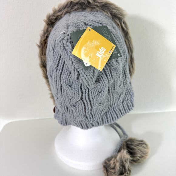San Diego Hat Co Kid Cable Knit Beanie Pom Pom Neck Tie Size 5-7 yrs Winter Gray - Picture 3 of 10
